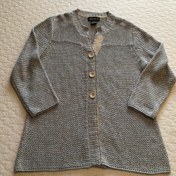 EDDIE BAUER linen/poly blend blue/grey Womens cardigan sweater - size Small - Picture 1 of 7
